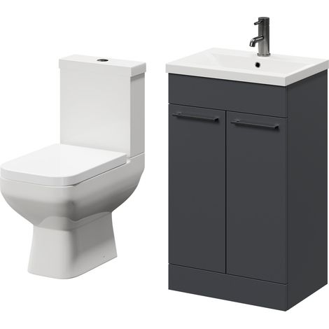 Turin Gloss Grey 500mm Floor Standing Vanity Unit and Toilet Suite with 1 Tap Hole Basin and 2 Doors with Gunmetal Grey Handles (1/5)