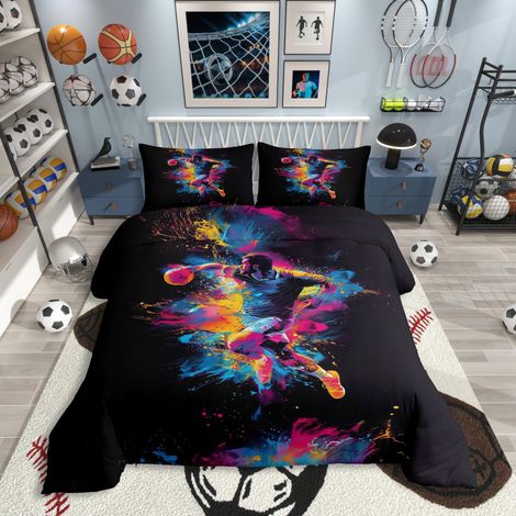 Parure de lit sur le thème du handball et du sport - 135 x 200 cm - Style graffiti fluo - Pour garçons et hommes - Housse de couette multicolore - Peinture à l'encre - Parure de lit - Motif (1/5)
