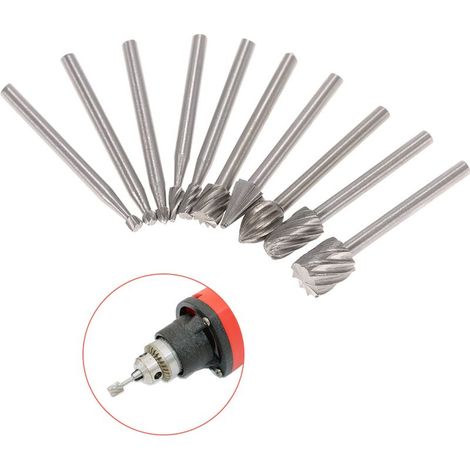 Accessoires de meulage électrique : 10 fraises rotatives HSS à queue de 3 mm pour perceuse, outil de travail du bois et gravure CNC. (1/5)