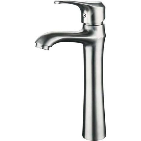 Rubinetto monocomando moderno per lavabo da bagno, installazione su piano, in acciaio inox spazzolato.