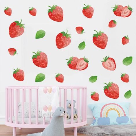 Autocollants Muraux Fraises 16 Pièces - Style Aquarelle Vinyle Résistant à L'eau Autocollant 22x30 cm pour Cuisine Salon Chambre D'enfant (1/5)