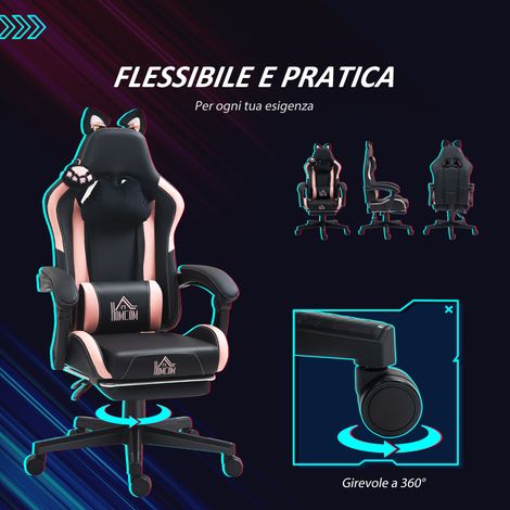 Fauteuil Gaming Inclinable avec Repose-Jambes et Coussinets, Cuir Synthétique et Mousse, 65x62x116-124 cm, Rose et Noir (1/5)