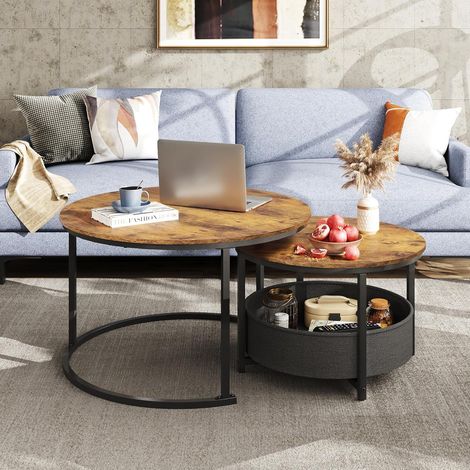 Ensemble de 2 tables basses WLIVE, rondes (80 cm et 60 cm de diamètre), avec espace de rangement et structure en métal, idéales pour le salon, couleur marron rustique. (1/5)