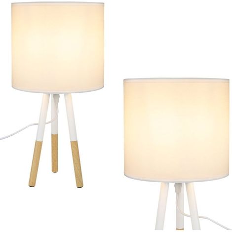 ACKERMAN Lot de 2 lampes de chevet en bois blanc E27, style rustique, petite taille, avec abat-jour en tissu naturel, pour chambre à coucher et salle à manger (1/5)