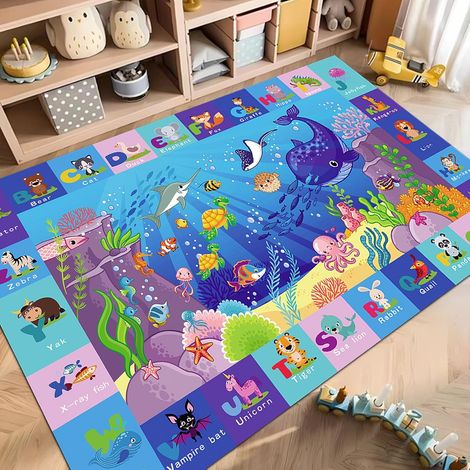Tapis de jeu pour enfants sur le thème du Monde sous-marin, tapis ABC pour salle de jeux, tapis de jeu océan pour premier pas sur le ventre, tapis pliable non toxiques et antidérapants (150 x 100 cm) (1/5)