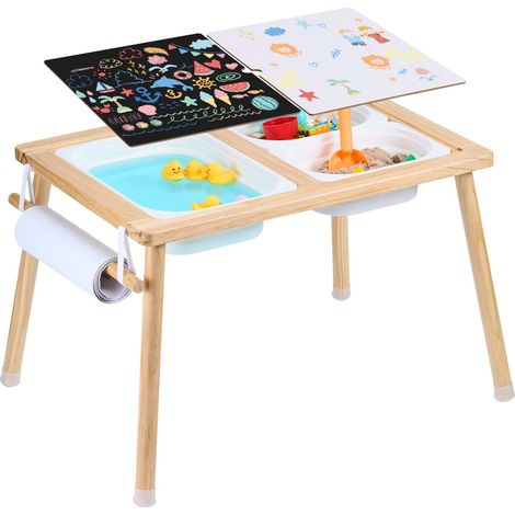 Table d'Activités pour Enfants, Table d'Exploration Sensorielle avec 3 Bacs de Rangement et 1 Porte-papier, Table d’Eau et de Sable en Bois, Intérieure/Extérieure, pour Dessiner et Étudier (1/5)