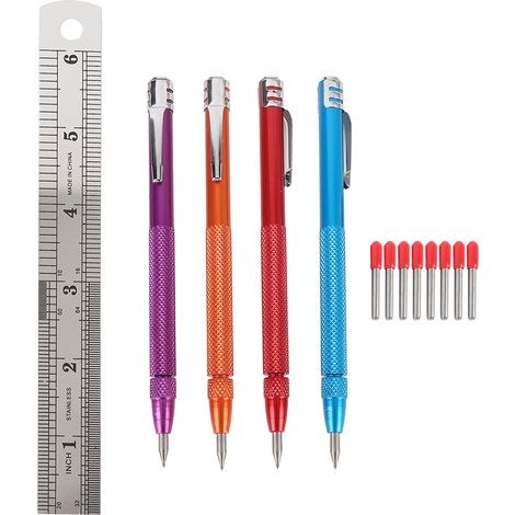Lot de 4 stylos à graver en carbure de tungstène avec manche en aluminium moleté et 8 pointes de rechange pour céramique et métal.
