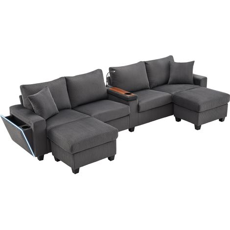 U-Form Sofa mit USB und Type-C Anschlüssen, Leselampe, Stauraum, Cord, Grau (1/5)