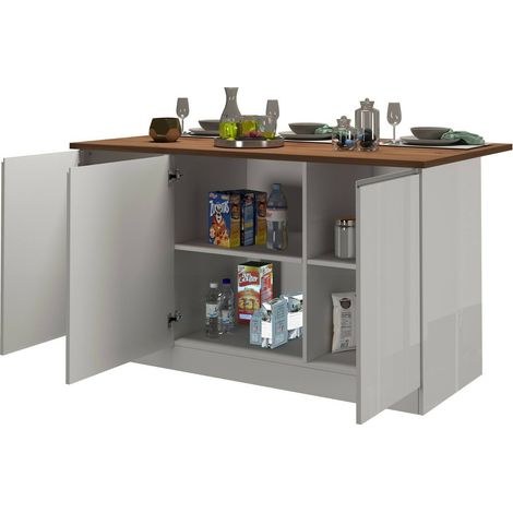 Dmora - Isola da cucina Tartaro, Armadio multiuso, Mobile per cucinotto, Tavolo ausiliario, 100% Made in Italy, 155x90h90 cm, Bianco lucido e Rovere (1/5)