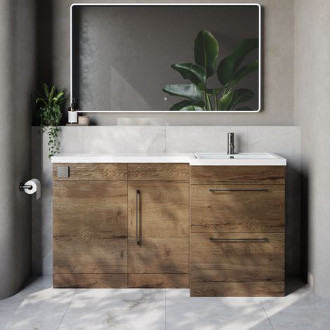 Napoli 390 Tobacco Oak 1500mm 2 Drawer Vanity Unit Toilet Suite with Right Hand Square Lucia Basin - 1500mm - Gunmetal Grey 320mm HandleWithout Kingston Toilet Pan