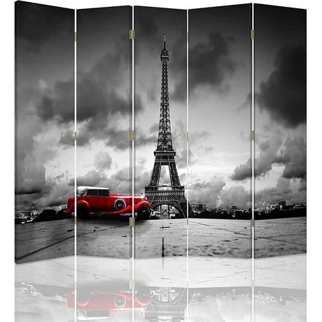 Paravent Design Rouge Voiture à Paris - Élégance Urbaine - 180 x 180 cm - 1 face déco, 1 face noir