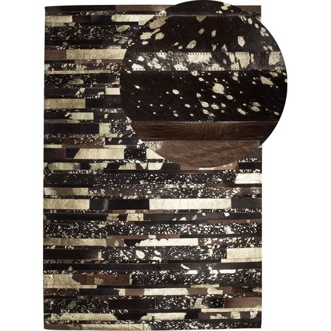 Tapis Patchwork 160 x 230 cm en Peau de Vache Marron Beige et Noir Fait Main Artvin