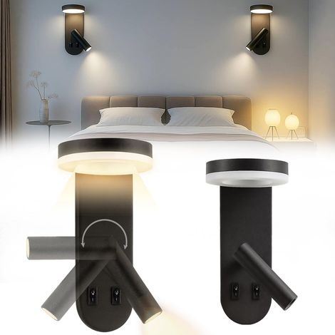 Wandmontierte Leselampen fürs Schlafzimmer – Separater Schalter, 350° verstellbare Nachttischlampen, 2er-Set, Festverdrahtung, LED-Wandleuchten für Wohnzimmer und Arbeitszimmer (Schwarz, 22 cm) (1/5)