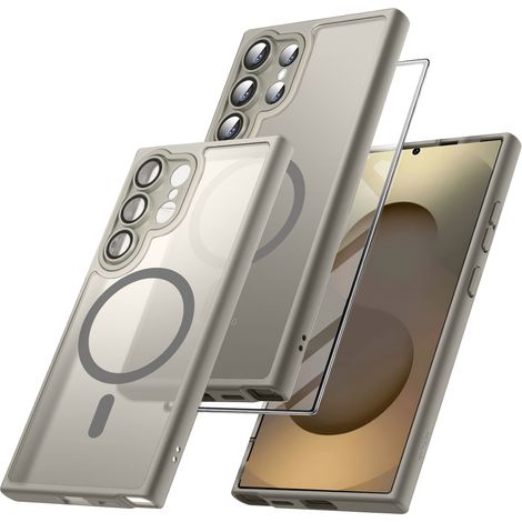 Coque pour Samsung Galaxy S25 Ultra, compatible MagSafe, finition mate, gris titane + protection d'écran en verre trempé (1/5)