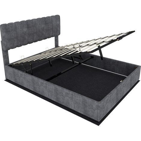 Cama con almacenaje tapizada gris 140 x 200 cm con cabecero suave y pistones de gas (1/5)