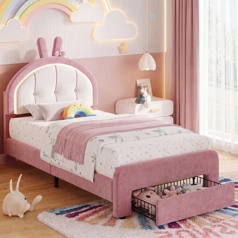 Letto singolo 90x200 cm per bambini bambina principessa con rete a doghe led e cassettone contenitore in velluto design coniglio - Rosa (1/5)