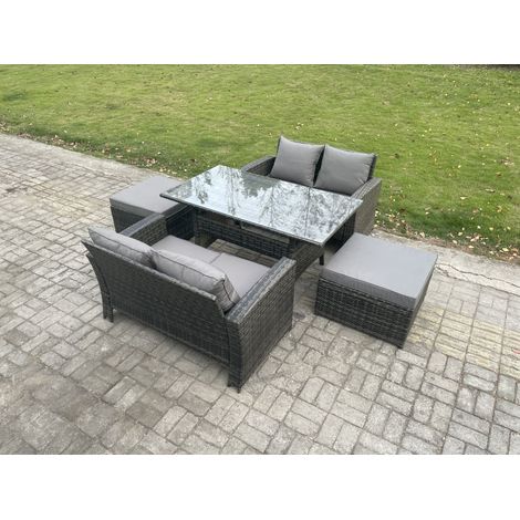 Fimous 6 places Ensemble de meubles de jardin en rotin  canapé deux places Table à manger rectangulaire 2 Grands Tabourets Gris foncé mélangé (1/5)