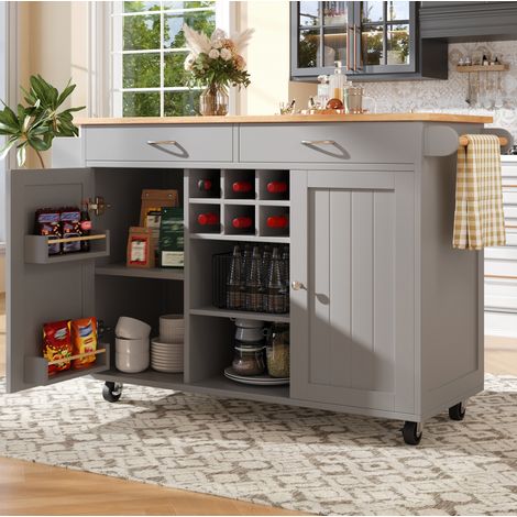 Meuble de cuisine îlot 102 x 45 x 92 cm avec rangements et roulettes, gris DESVIAE (1/5)