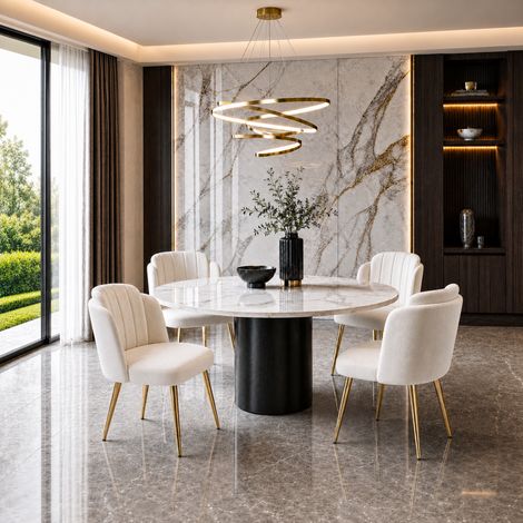 Sillas de comedor - 58.5 x 62 x 78 cm - pack de 4 sillas tapizadas con respaldo curvo y patas de metal dorado - estilo moderno - tela y metal - blanco (1/5)