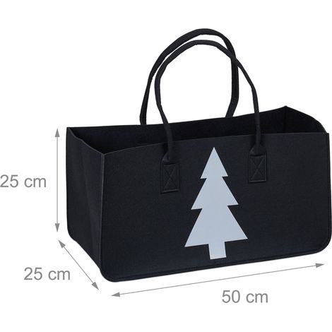 Pratico cesto porta legna da ardere con motivo albero di Natale 50 x 40 x 40 cm in feltro nero 130014107