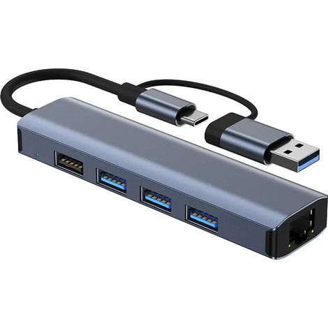 5-in-2 USB-C Network Extender, USB-C Ethernet Adapter, 1000Mbps, 4-Port USB Splitter for Laptop, PC, iPad, Phone, Internet Switch (1/5)