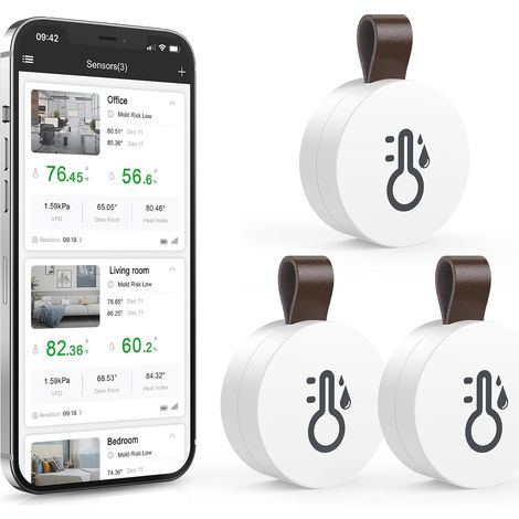 Bluetooth Thermometer Hygrometer, Kabelloses Temperatur und Luftfeuchtigkeitsmesser mit APP & Datenspeicherung, Digital Temperatur Feuchtigkeitssensor für Haus, Gewächshaus, Weinkeller, 3 Stück