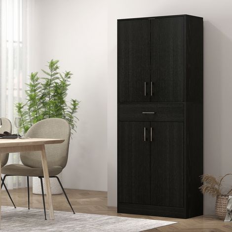 Credenza da cucina alta con 4 ante, 2 armadietti e 1 cassetto centrale, 180 cm di altezza, con 2 ripiani regolabili, nera.