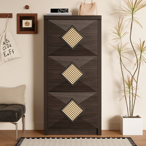 Vintage Schuhschrank mit Rattan-Dekor, 3 Klappfächer, Retro Schuhregal aus Holzoptik Dunkelbraun, platzsparender Schuhschrank 54x25x115 cm, Flurmöbel im modernen Landhausstil (1/5)