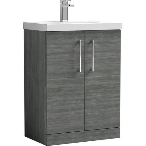 Nuie Arno Floor Standing 2-Door Vanity Unit with Basin-3 600mm Wide - Anthracite Woodgrain (1/5)