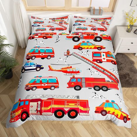Housse de Couette 200x200 Enfant Voiture de Pompier Rouge, Parure de Lit Enfant Ado Garçon Ambulance, Sets de Housses de Couettes Camion de Pompiers, Couvre Lit Chien Dalmatien (1/5)