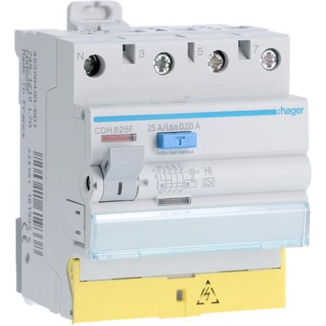 Interrupteur différentiel 3P+N 25A 30mA type haute immunité à bornes décalées HAGER CDH825F (1/3)