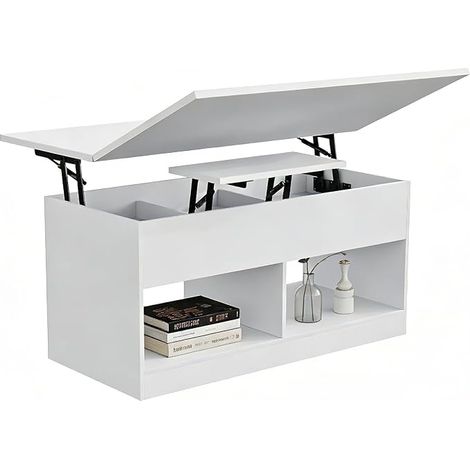 Height Adjustable Coffee Table, Lift Top, 2 Open Compartments and Hidden Storage, Rectangular Side Table, Can Be Converted into Dining Table, White (1/5)
