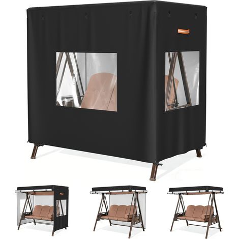 Housse de balançoire extérieure pour 3‑4 places 250×150×160 cm, étanche avec fenêtre PVC transparente, résistante UV‑vent, protection annuelle sans démontage, noire (1/5)