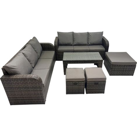 Fimous Rattan Garden Outdoor Furniture Set 3 Seater Sofa Coffee Table with 3 Footstools Dark Grey Mixed (1/5)