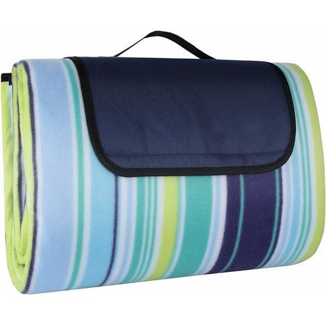 200 x 200 cm Grande couverture de pique-nique imperméable anti-sable, couverture de plage 3 couches avec poignée de transport, tapis de pique-nique extérieur (rayures verticales bleues)