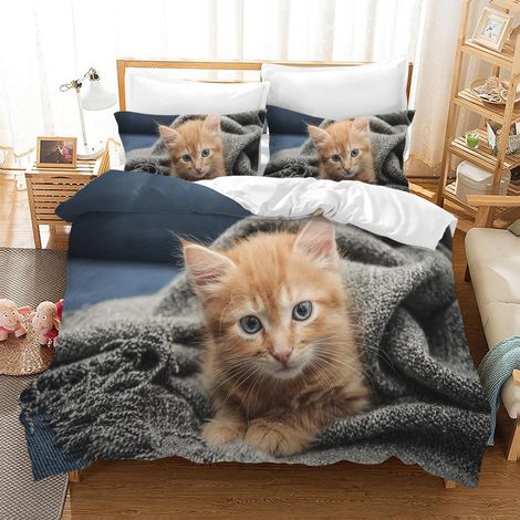 Parure de lit 3D Chat Microfibre avec fermeture éclair, 2 taies d'oreiller 50x75cm