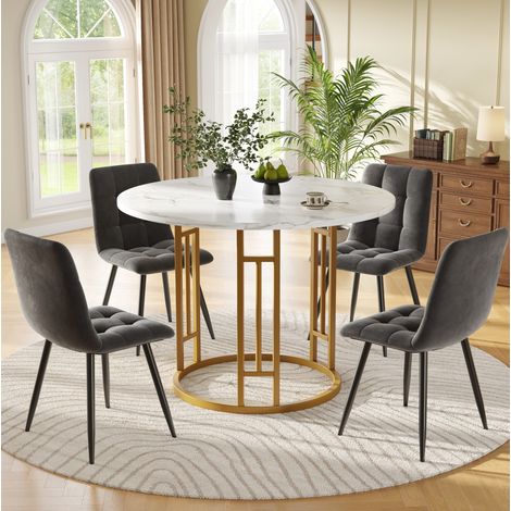 Ensemble de salle à manger 5 pièces MDF effet marbre gris et métal doré, table ronde 80x80x76 cm avec 4 chaises en velours (1/5)