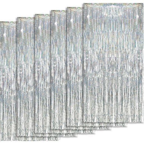 Lot de 6 rideaux à franges métallisées argentées (1 x 2 m) – Toile de fond scintillante en lamelles métallisées (1/5)