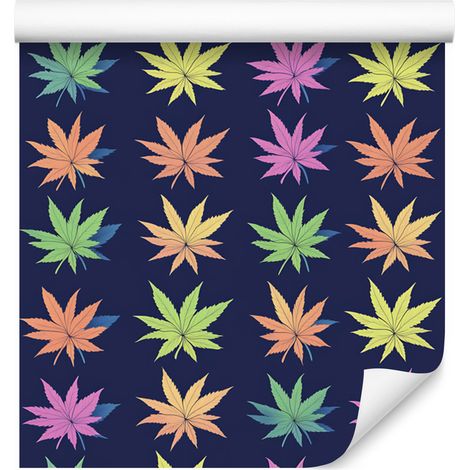 Papel pintado con coloridas hojas de cáñamo en azul marino y morado, 50x1000 cm. (1/5)