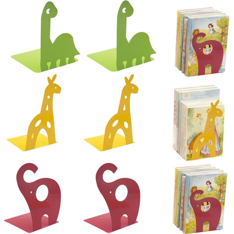 pares de sujetalibros de metal con forma de animales para niños: ciervo amarillo, elefante rojo y dinosaurio verde (1/5)
