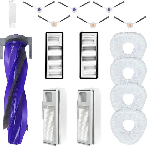 Kit di accessori per robot aspirapolvere: 1 spazzola centrale, 6 spazzole laterali, 2 filtri HEPA, 4 panni per la pulizia e 2 sacchetti per la polvere. (1/4)