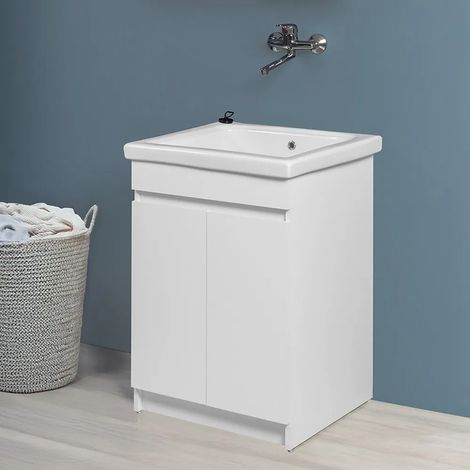 Mobile lavatoio 61x50 cm bianco opaco con vasca in ceramica e strofinatoio