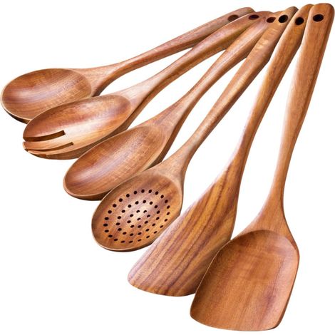 Spatules en bois d'acacia - Lot de 6 spatules en bois - Ustensiles de cuisine en bois d'acacia - Batterie de cuisine - Spatules de cuisine - Spatules en bois naturel (1/5)