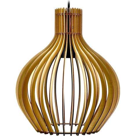 Relaxdays Lampe suspendue en bois, 35 x 35 cm, forme goutte, lamelles, douille E27, boho, naturel/noir (1/5)