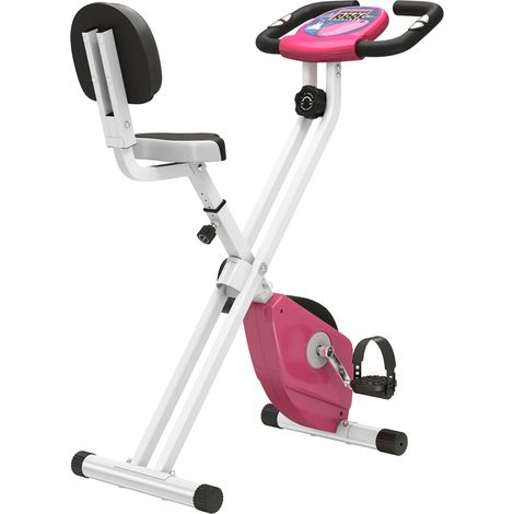 Vélo d'appartement pliable, vélo fitness intérieur, 8 niveaux résistance magnétique, dossier et selle ajustables, écran LCD, cardio-fréquencemètre, rose (1/5)