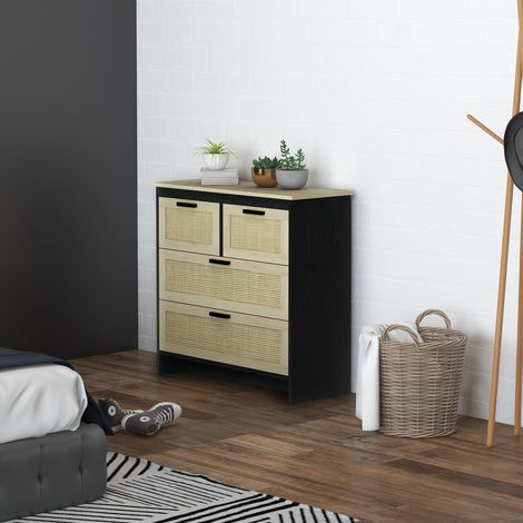 Kommode mit vier Schubladen aus Spanplatte und Rattan für Wohn- und Schlafzimmer, 80 x 38 x 80 cm (1/5)