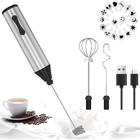 Mousseur à Lait Électrique Tenue à Main, 3 en 1 Fouet Rechargeable USB,2 Vitesses Réglable avec 3 Têtes d'agitateur en Acier Inoxydable Fouet Électrique pour Latte,Cappuccino,œufs Battus,Café (1/2)