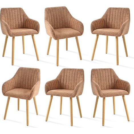 Minimalist dining chairs with comfortable backrests, ergonomic armrests and sturdy wooden legs – Set of 6 - Brown-Chenille