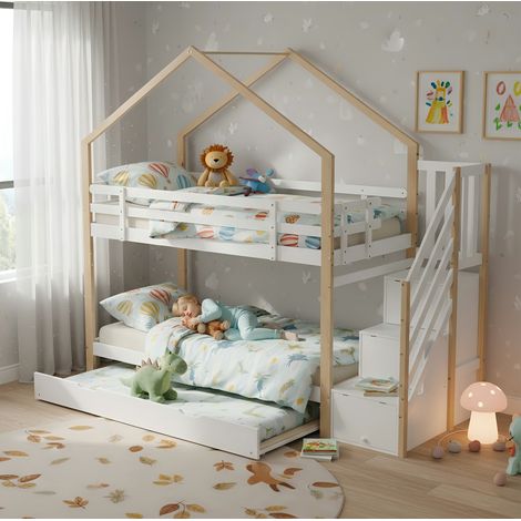 Etagenbett 255/95,5/223,5 cm Natur/Weiß aus Massivholz und MDF mit Ausziehbett und Treppe (1/5)