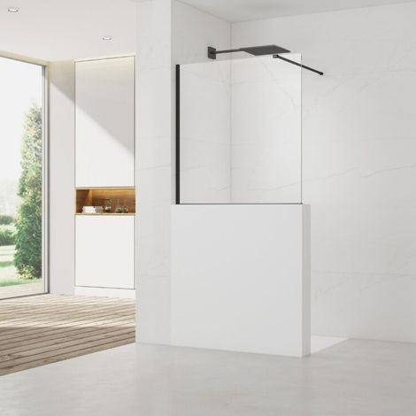 Swiss Aqua Technologies Mampara de pared 100x90cm Crystal Glass® 8 mm antical, con brazos y perfiles en negro mate (SATBWIS90PRC)